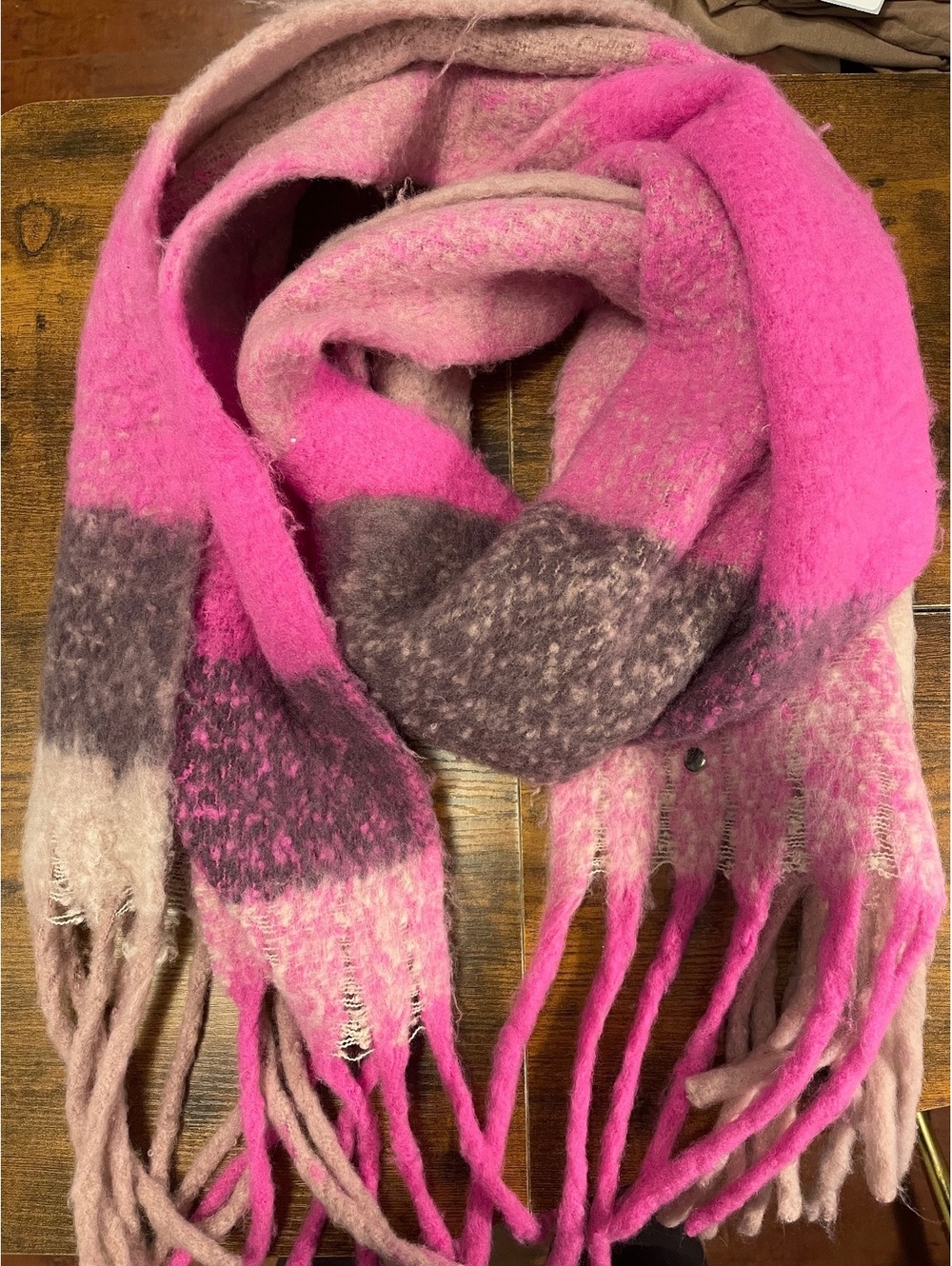 Express Oversized Colorblock Blanket Scarf Pink Taupe Brown Fringe 19” x 72”